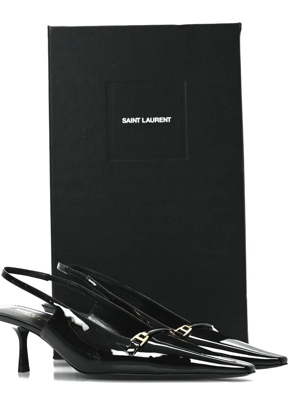 Saint Laurent Black Patent Slingback Pumps with Gold Accent - Picture 2 of 11
